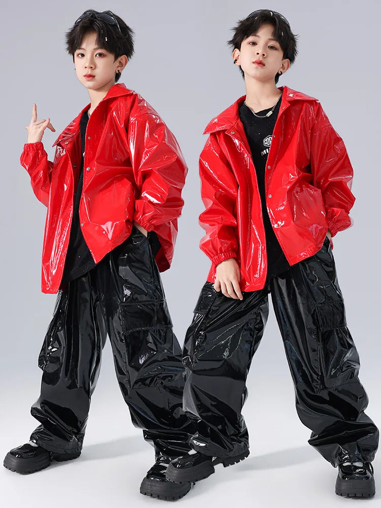 Costume Danse Jazz Garçon Filles, Pantalon Cuir Brillant Rouge, Streetwear Hip Hop Scène .