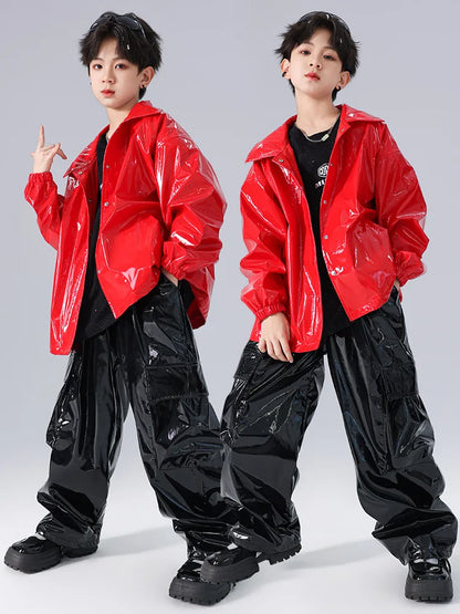 Costume Danse Jazz Garçon Filles, Pantalon Cuir Brillant Rouge, Streetwear Hip Hop Scène .