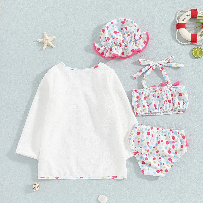 Set maillot de bain fille 4 pcs – avec bonnet & manteau (2‑6 ans)