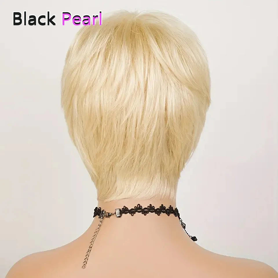 Perruque femme cheveux humains –, courte, raide, frange, Remy, style élégant