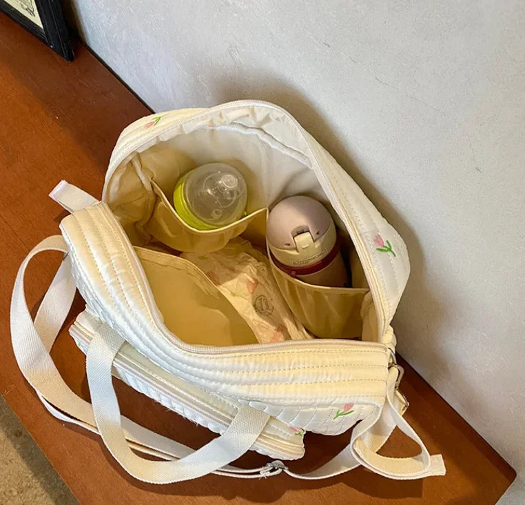 Sac à couches pour maman, coton beige, motif ours, fermeture éclair