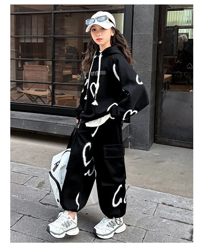 Ensemble survêtement fille 5-12 ans, sweat à capuche et pantalon, automne-hiver .