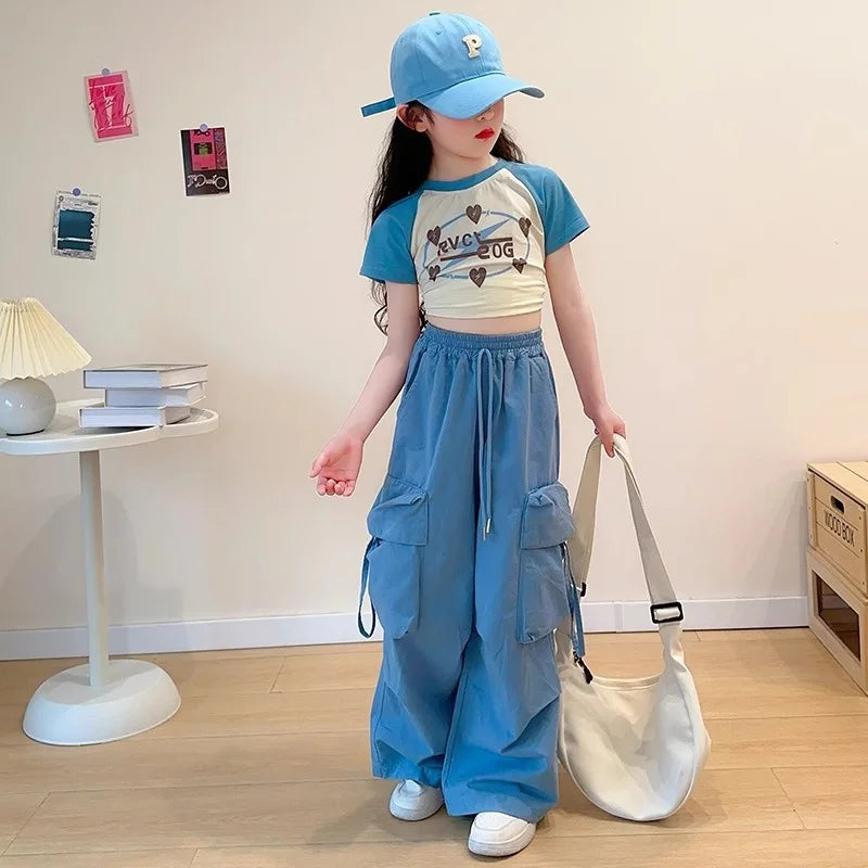 Pantalons cargo amples fille 5-14 ans, jambes larges, poches, mode printemps .