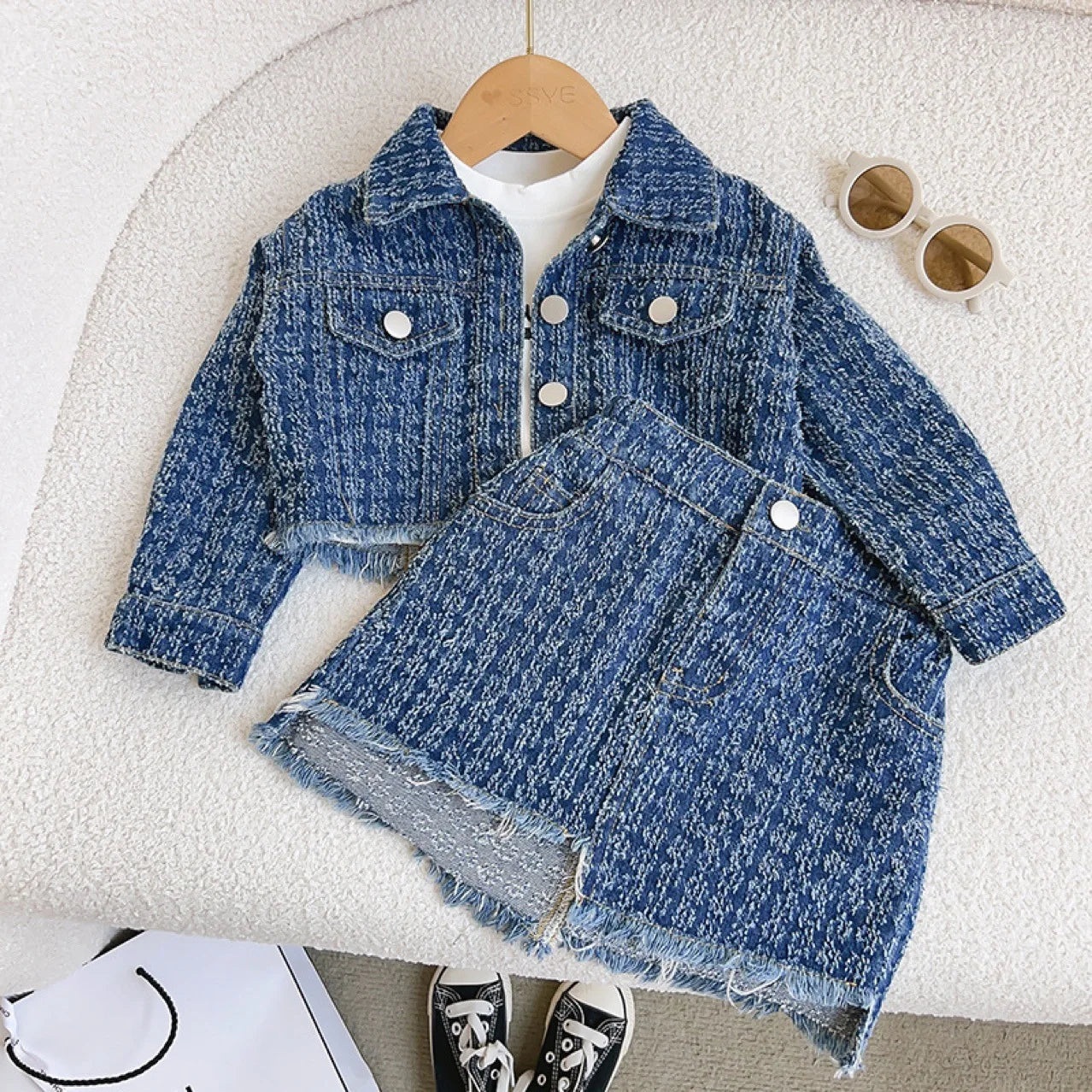 Ensemble de vêtements d'automne pour filles, 2 pièces en Denim, Style Preppy, veste + jupe à revers pour enfants, tenue tendance, nouvelle collection ;