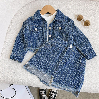 Ensemble de vêtements d'automne pour filles, 2 pièces en Denim, Style Preppy, veste + jupe à revers pour enfants, tenue tendance, nouvelle collection ;