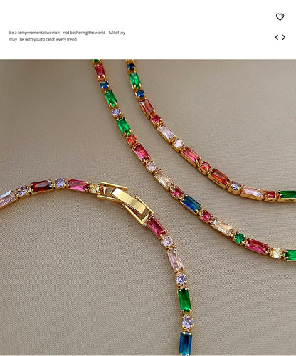 Ensemble bijoux femme luxe, chaîne zircon coloré, collier & bracelet, style coréen .