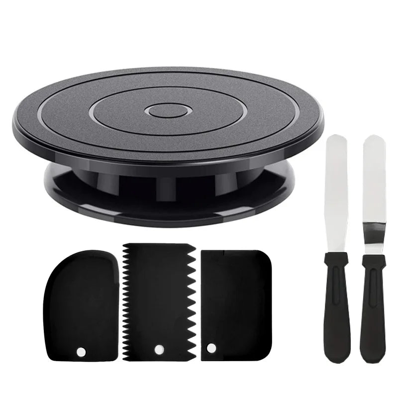 Kit décoration gâteau 6 pcs – plateau tournant, 2 spatules & 3 grattoirs pour glaçage