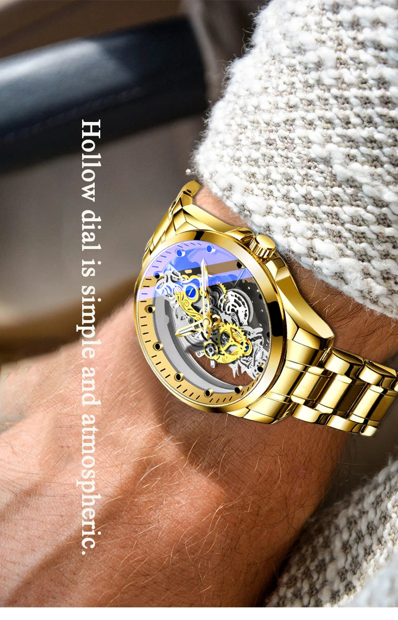 Montre homme quartz squelette doré rétro luxe .