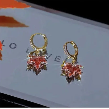 Boucles Oreilles Feuille Érable Rouge Vintage Cristal
