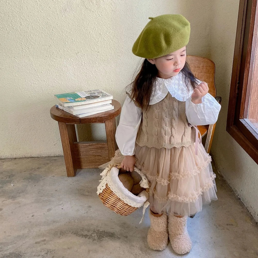 Gilet tricoté fille – sans manches, mode printemps/automne, 1‑7 ans