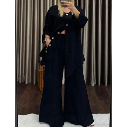 Ensemble Femme 2 Pièces – Cardigan Col V à Boutons & Pantalon Large, Style Décontracté Chic