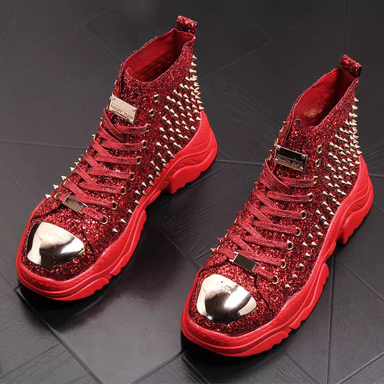 Bottes à rivets de luxe pour hommes – Baskets créateur punk or rouge
