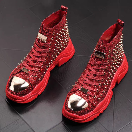 Bottes à rivets de luxe pour hommes – Baskets créateur punk or rouge