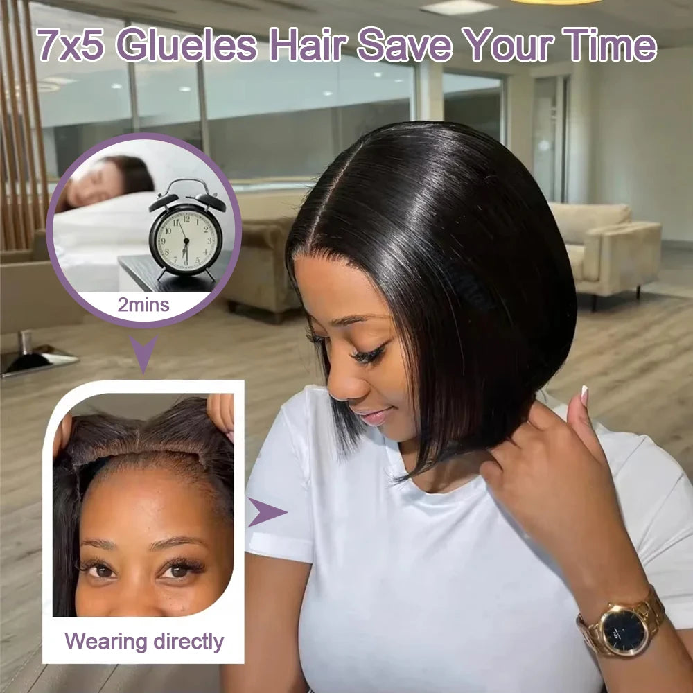 Bob Court 100% Cheveux Humains – Perruque Sans Colle HD Demi Dentelle Frontale 13x6, Tressée Os Droit Vietnamienne, Multi Séparation, Pré-Coupée Prêt à Porter