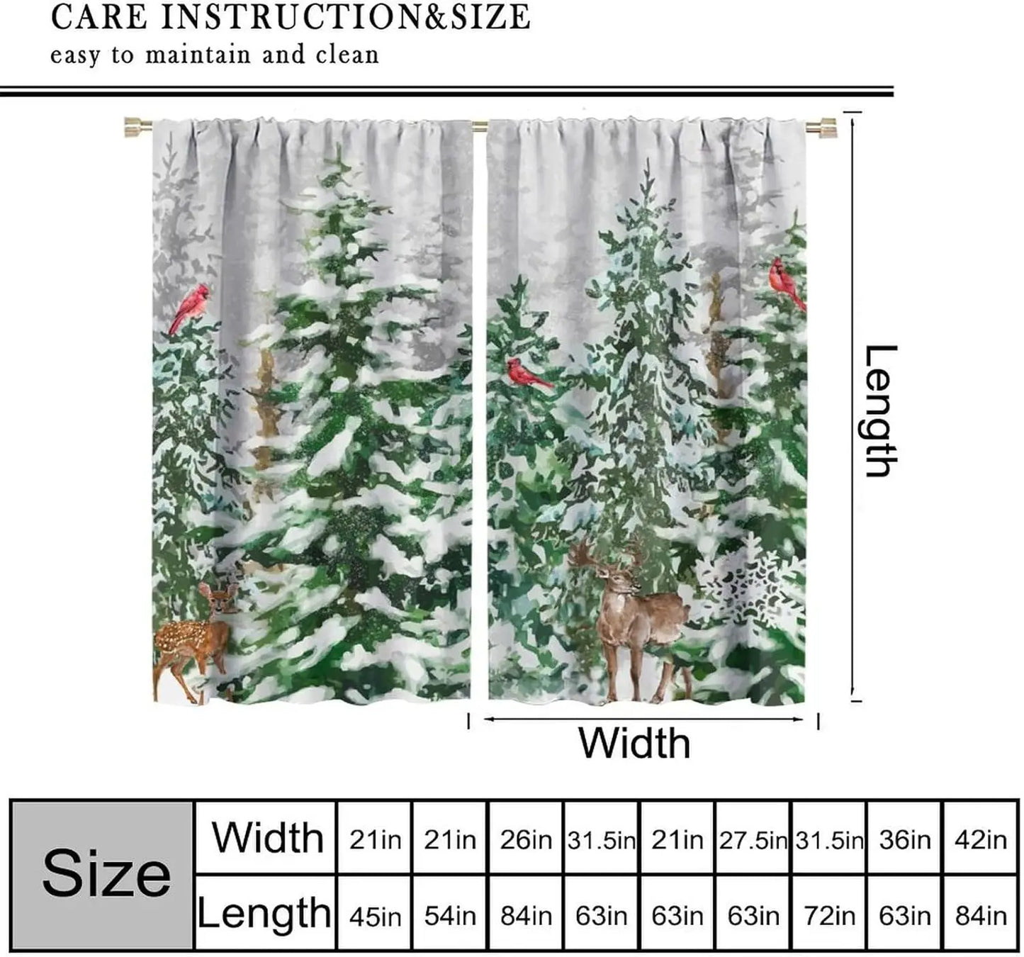 Rideaux Noël forêt enneigée cardinal cerf chalet