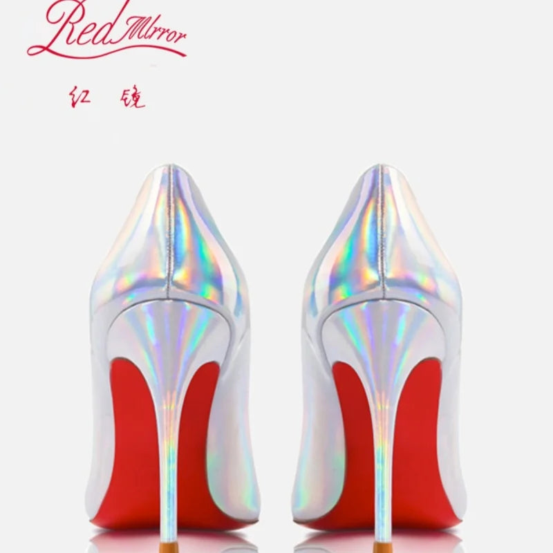 Escarpins femme luxe cuir, talons aiguilles bout pointu, rouge brillant et blanc .