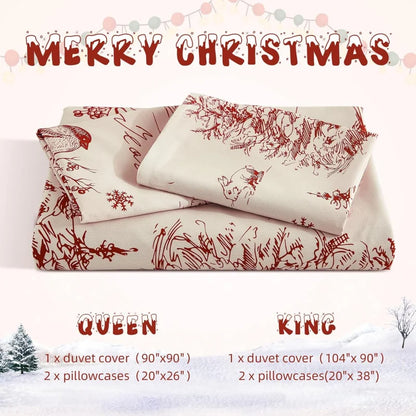 Ensemble literie Noël rouge campagne, microfibre douce 3 pièces
