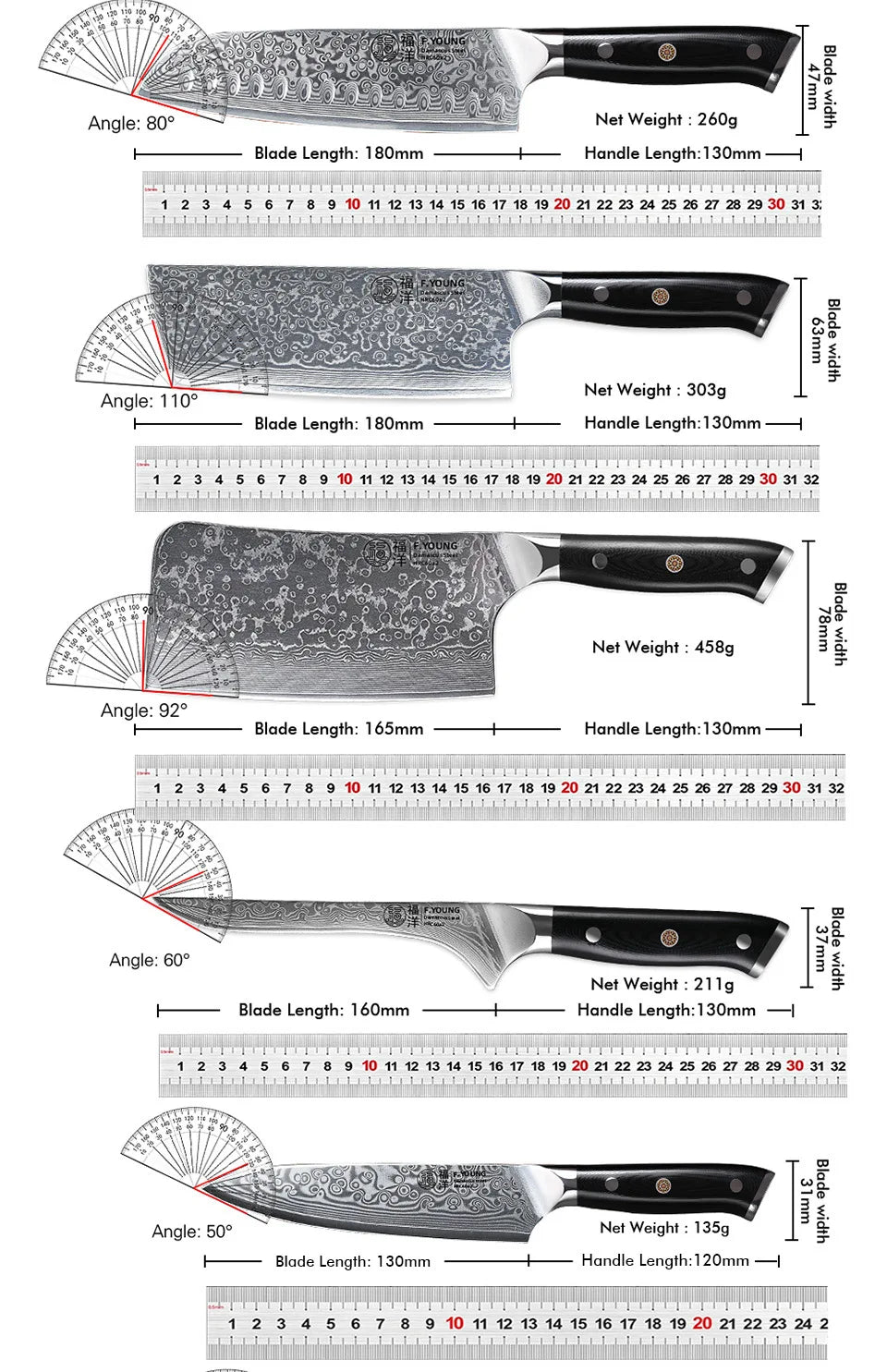 Couteau de cuisine professionnel F.YOUNG – acier Damas, chef japonais & sashimi