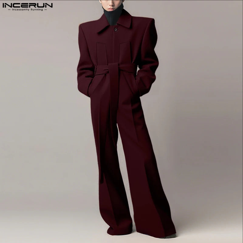 Salopette homme INCERUN  couleur unie à manches longues revers, jambe large – Combinaison ample streetwear décontracté S-5XL