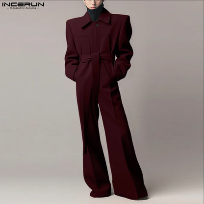 Salopette homme INCERUN  couleur unie à manches longues revers, jambe large – Combinaison ample streetwear décontracté S-5XL