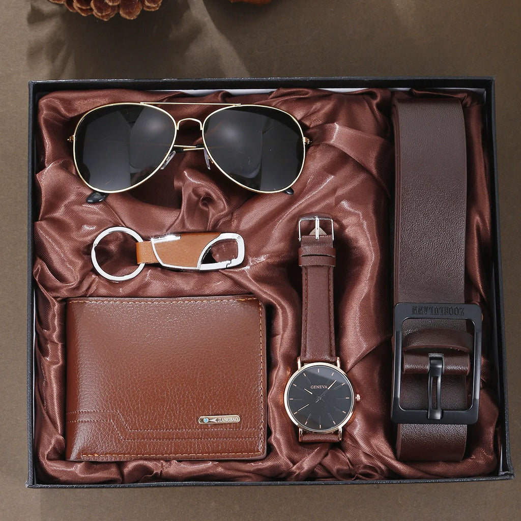 Coffret homme élégant – Montre, accessoires : portefeuille, ceinture, lunettes, porte-clés, tondeuse, cadeau luxe
