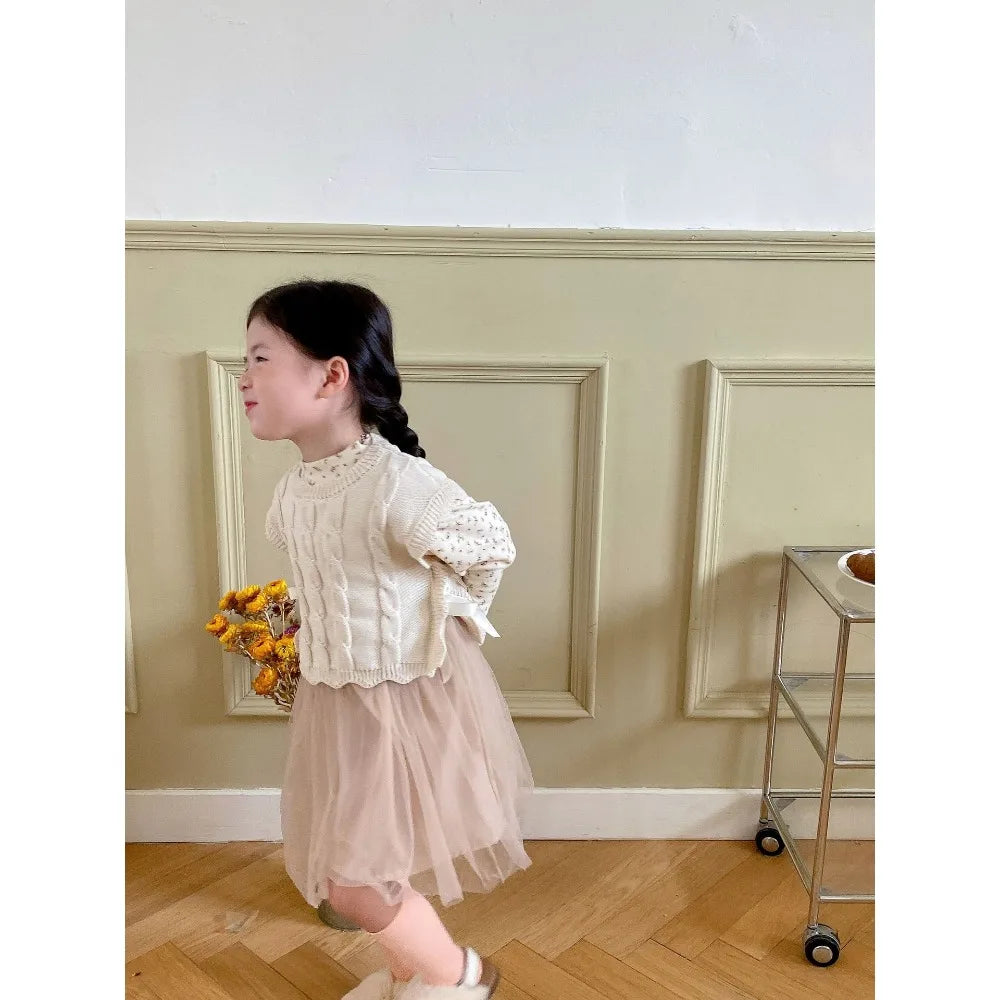 Gilet tricoté fille – sans manches, mode printemps/automne, 1‑7 ans