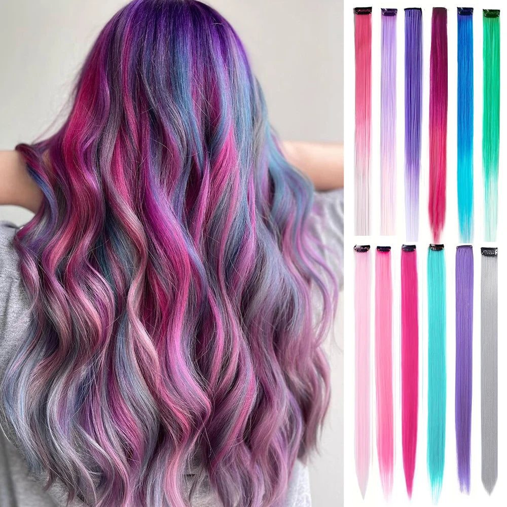 Extensions capillaires synthétiques à reflets colorés pour filles, postiches lisses multicolores de 22 pouces, 6 pièces/paquet