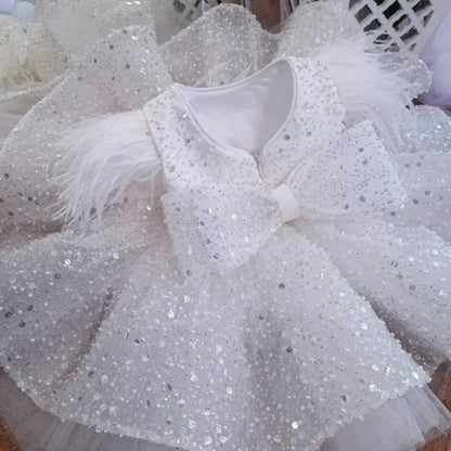 Robe à fleurs dorées fille﻿– bouffante brillante avec noeud, mariage, anniversaire, communion