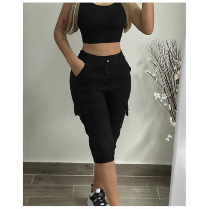 Pantalon Décontracté Femme – Capri Été Léger, Poches à Lacets & Taille Élastique Confort