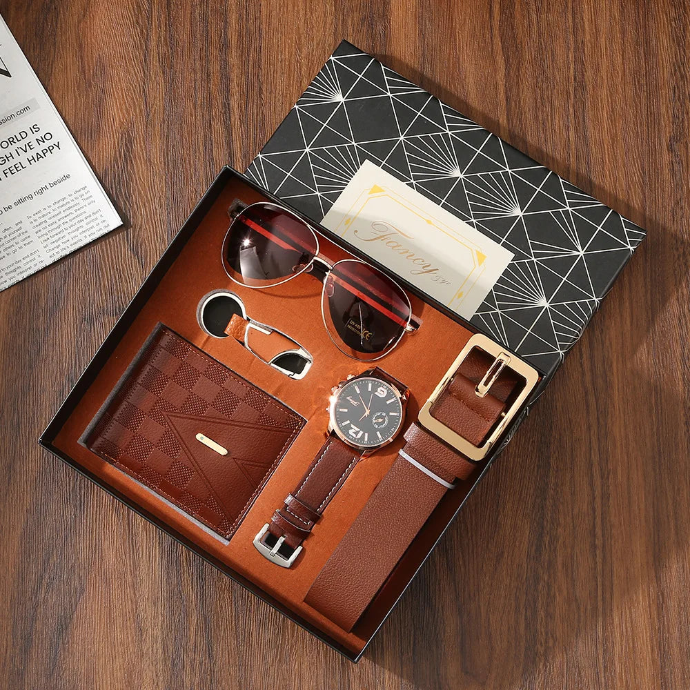 Coffret cadeau homme – Montre, portefeuille, ceinture, lunettes de soleil, porte-clés, fête des pères, petit ami ,saint valentin