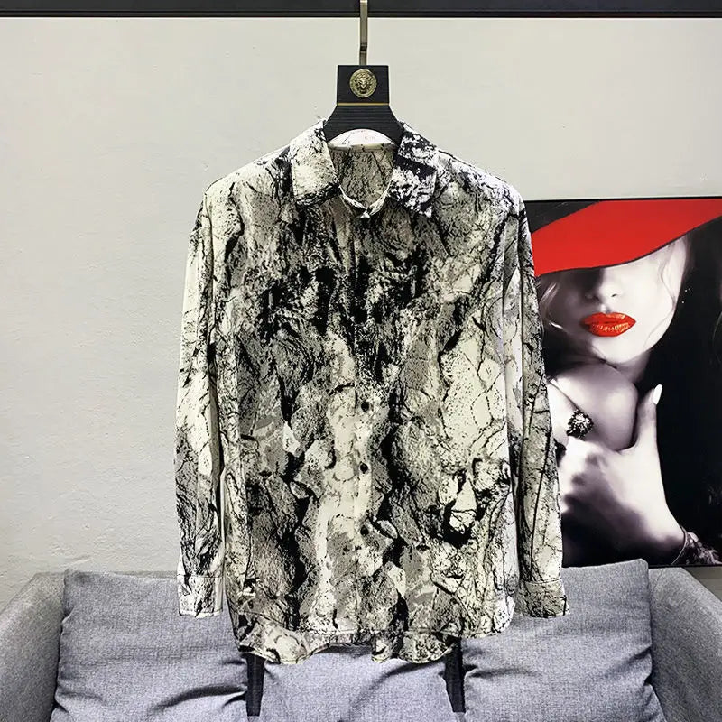 Chemise homme vintage col rabattu imprimé ample – Hauts printemps mode décontracté boutons manches longues