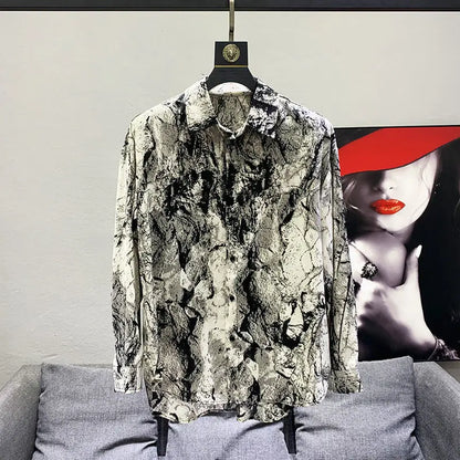 Chemise homme vintage col rabattu imprimé ample – Hauts printemps mode décontracté boutons manches longues