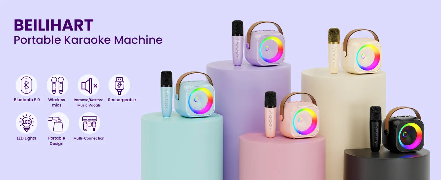 Mini machine karaoké Bluetooth enfants K12, portable avec 2 micros sans fil.
