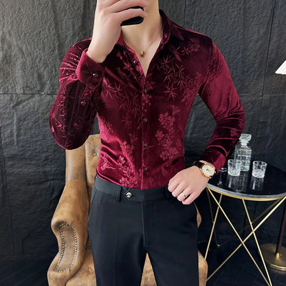 Chemise homme luxe en velours, slim, décontractée pour mariage, anniversaire .