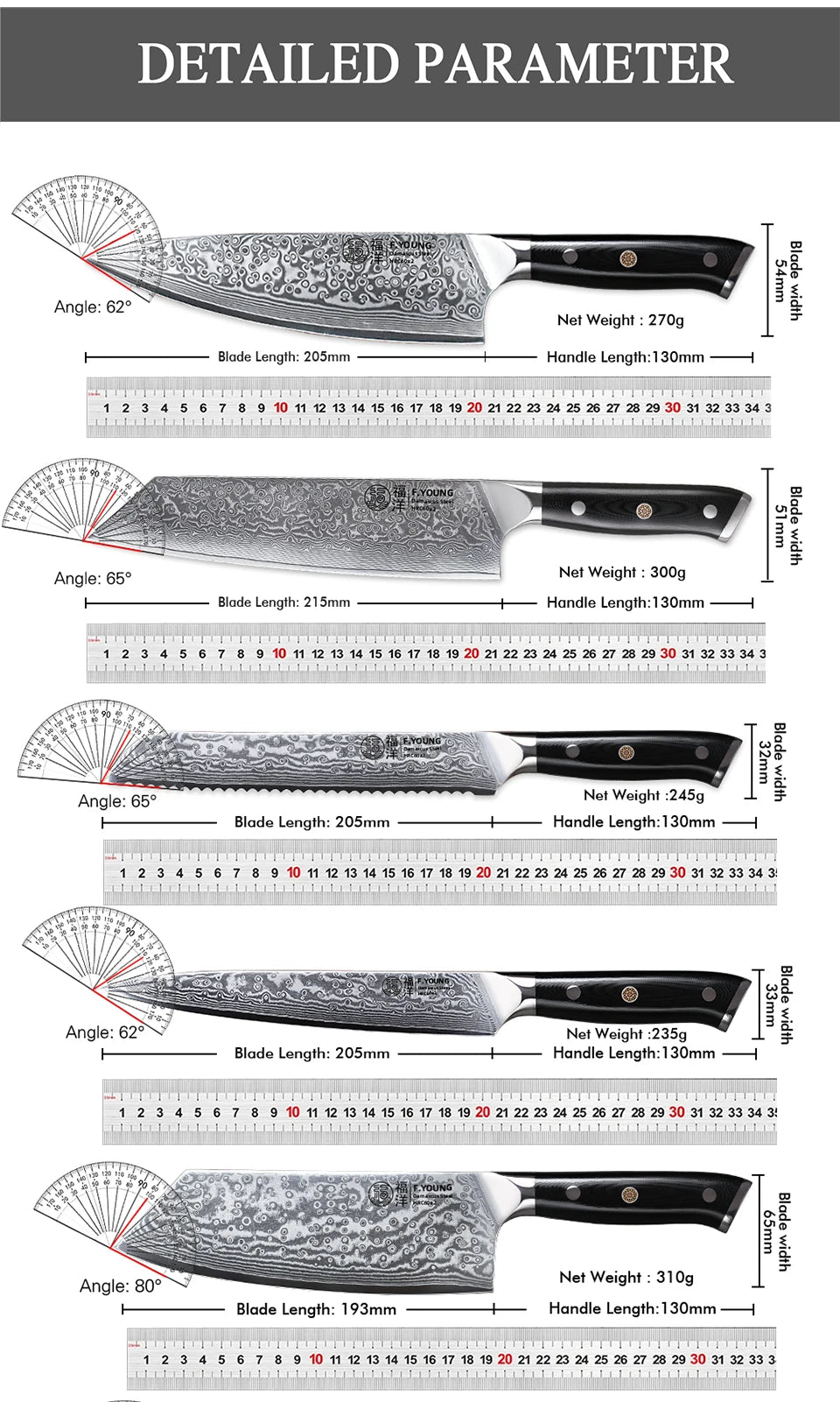 Couteau de cuisine professionnel F.YOUNG – acier Damas, chef japonais & sashimi