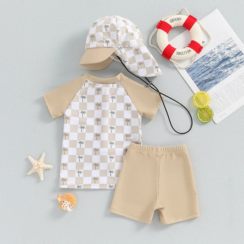 Ensemble maillot de bain été bébé garçon – anti‑UV, haut manches courtes, short et chapeau