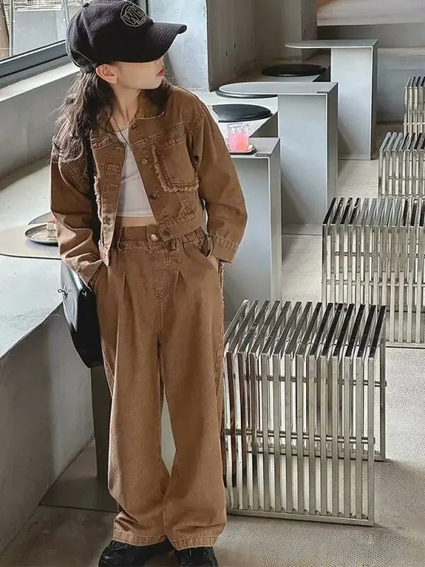 Ensemble de tenues 2 pièces pour filles, veste en jean à la mode, vêtements d'école pour mère et fille, tenues pour adolescents de 12 à 13 ans.