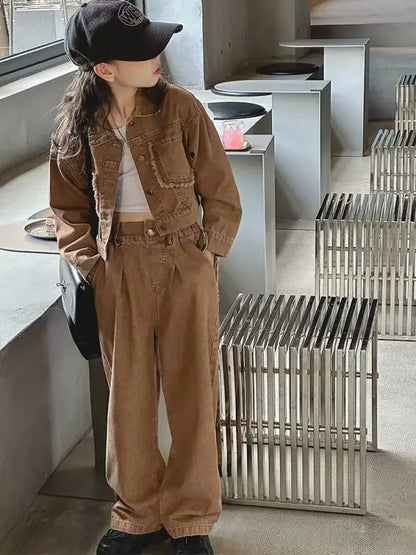 Ensemble de tenues 2 pièces pour filles, veste en jean à la mode, vêtements d'école pour mère et fille, tenues pour adolescents de 12 à 13 ans.