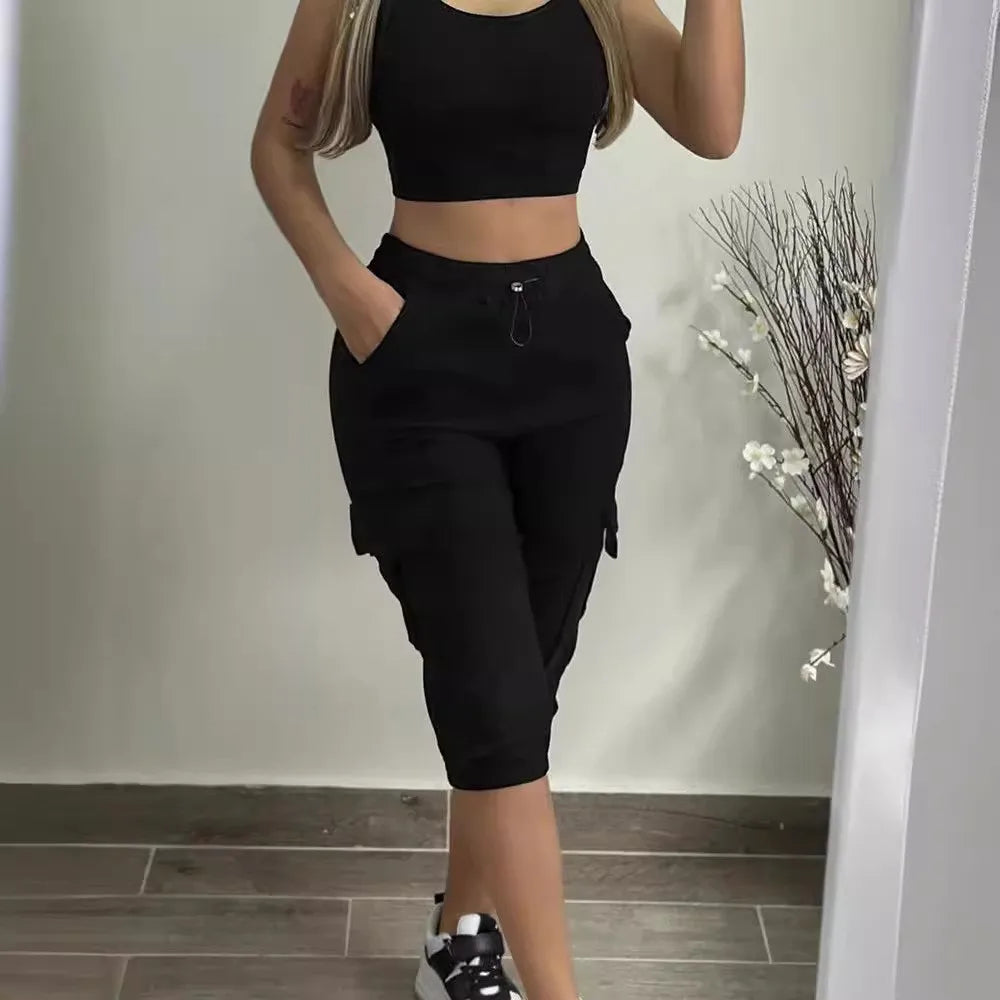 Pantalon Décontracté Femme – Capri Été Léger, Poches à Lacets & Taille Élastique Confort