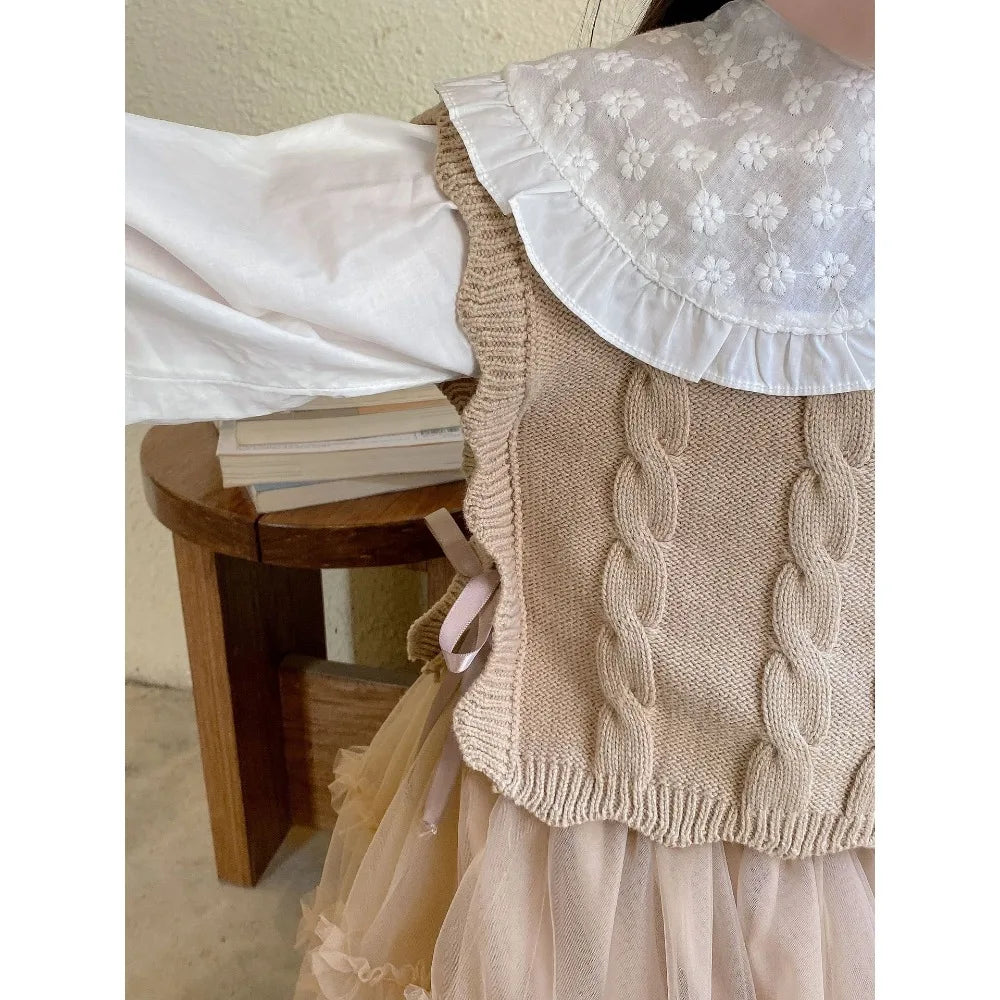 Gilet tricoté fille – sans manches, mode printemps/automne, 1‑7 ans