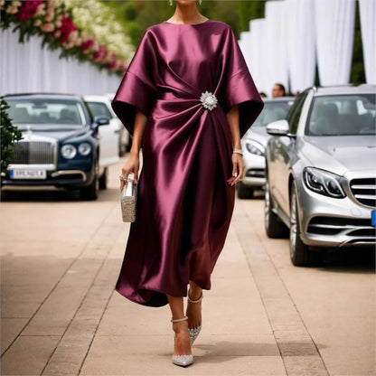 Robe Élégante Décontractée – Satin Perlé, Manches Courtes, Look Banlieue Tendance