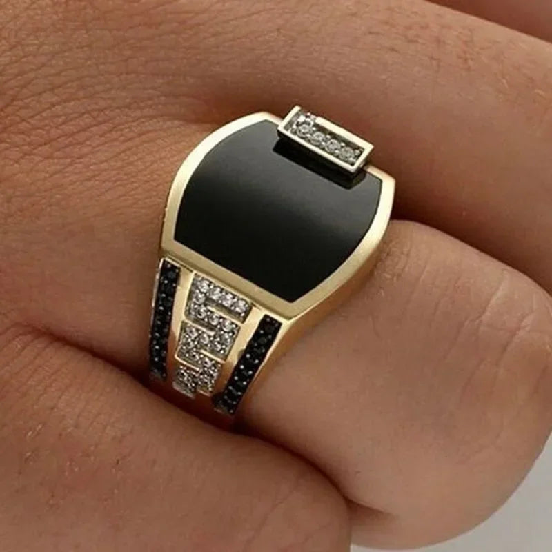 Bague Homme Classique Or et Pierre Noire – Style Punk, Zircon .