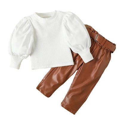 Ensemble fille 2 pièces – chemisier côtelé & pantalon cuir PU avec ceinture (1‑6 ans)