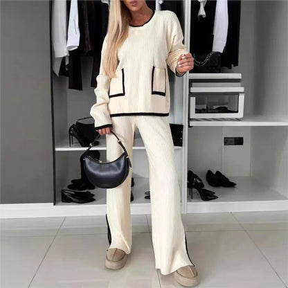 Tenue Décontractée Femme – Ensemble 2 Pièces Y2K, Pull Col Rond & Pantalon Large Élégant