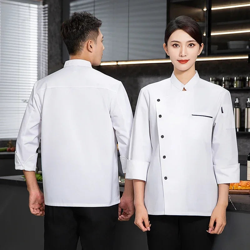 Uniforme Chef Hôtel Homme – Veste de Chef, Tablier à Manches Longues, Manteau de Cuisinier Restaurant, T-shirt Tenue Professionnelle, Uniforme Serveur, Vêtement de Travail