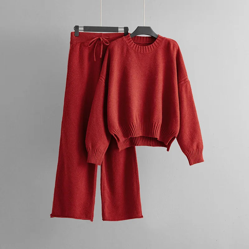 Tenue Tricotée Femme – Pull Manches Longues + Pantalon Wide Leg
