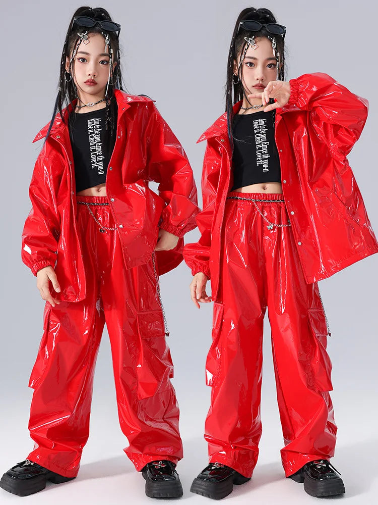 Costume Danse Jazz Garçon Filles, Pantalon Cuir Brillant Rouge, Streetwear Hip Hop Scène .