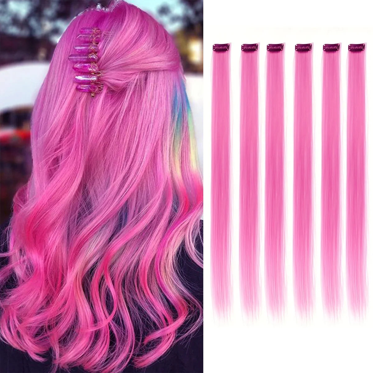 Extensions capillaires synthétiques à reflets colorés pour filles, postiches lisses multicolores de 22 pouces, 6 pièces/paquet