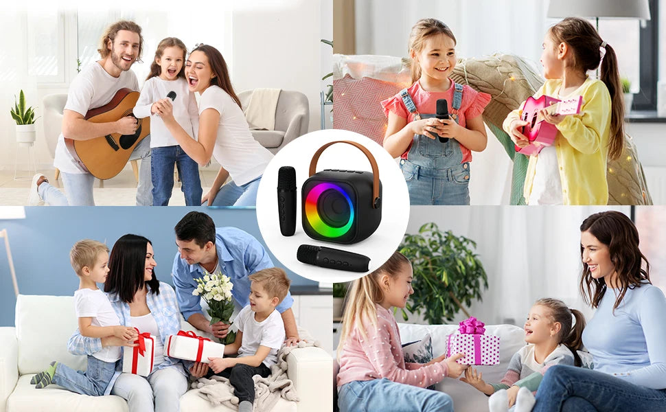 Mini machine karaoké Bluetooth enfants K12, portable avec 2 micros sans fil.