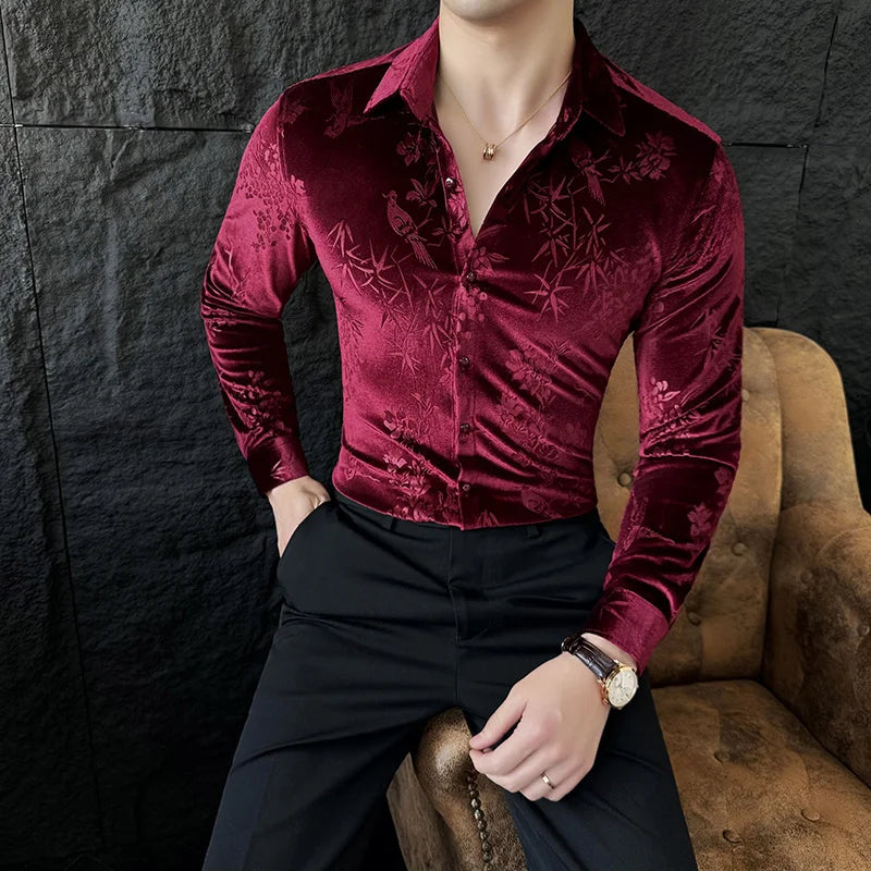 Chemise homme luxe en velours, slim, décontractée pour mariage, anniversaire .